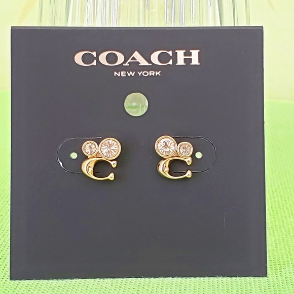COACH SIGNATURE "C" CRYSTAL STUD EARRINGS:NWT GOLD/CLEAR C9450 - Picture 1 of 7